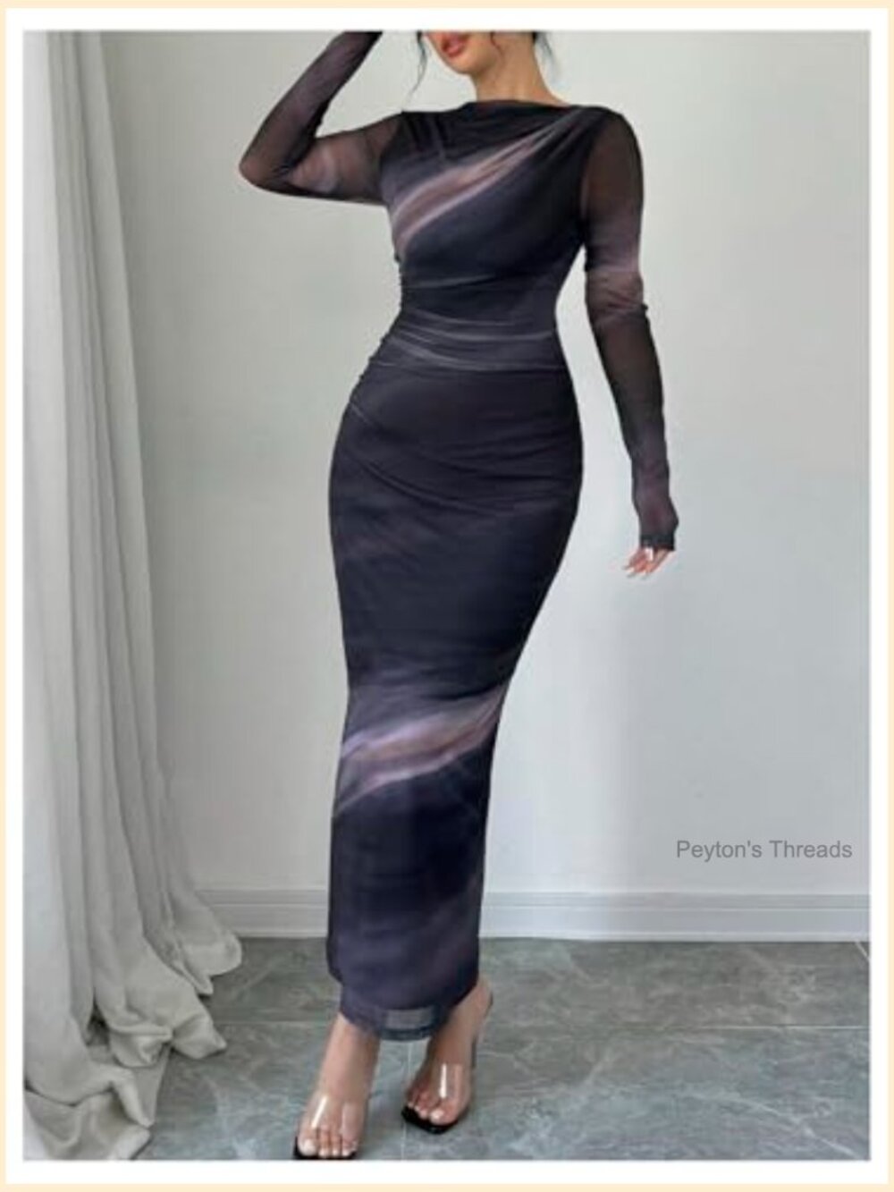 Tie Dye Boat Neck Long Sleeve Ruched Bodycon Maxi Dress - Picture 3 of 5